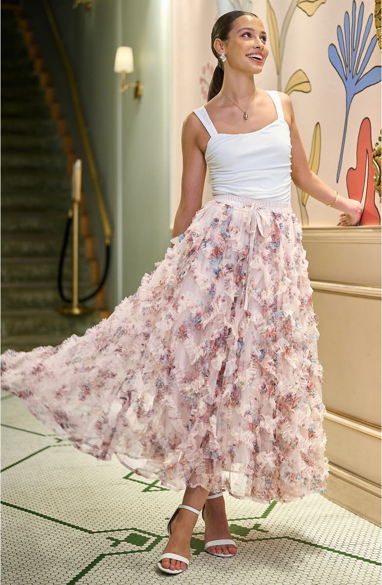 Yumi Floral Ruffle Mesh Midi Skirt, Alternate, color, Ivory