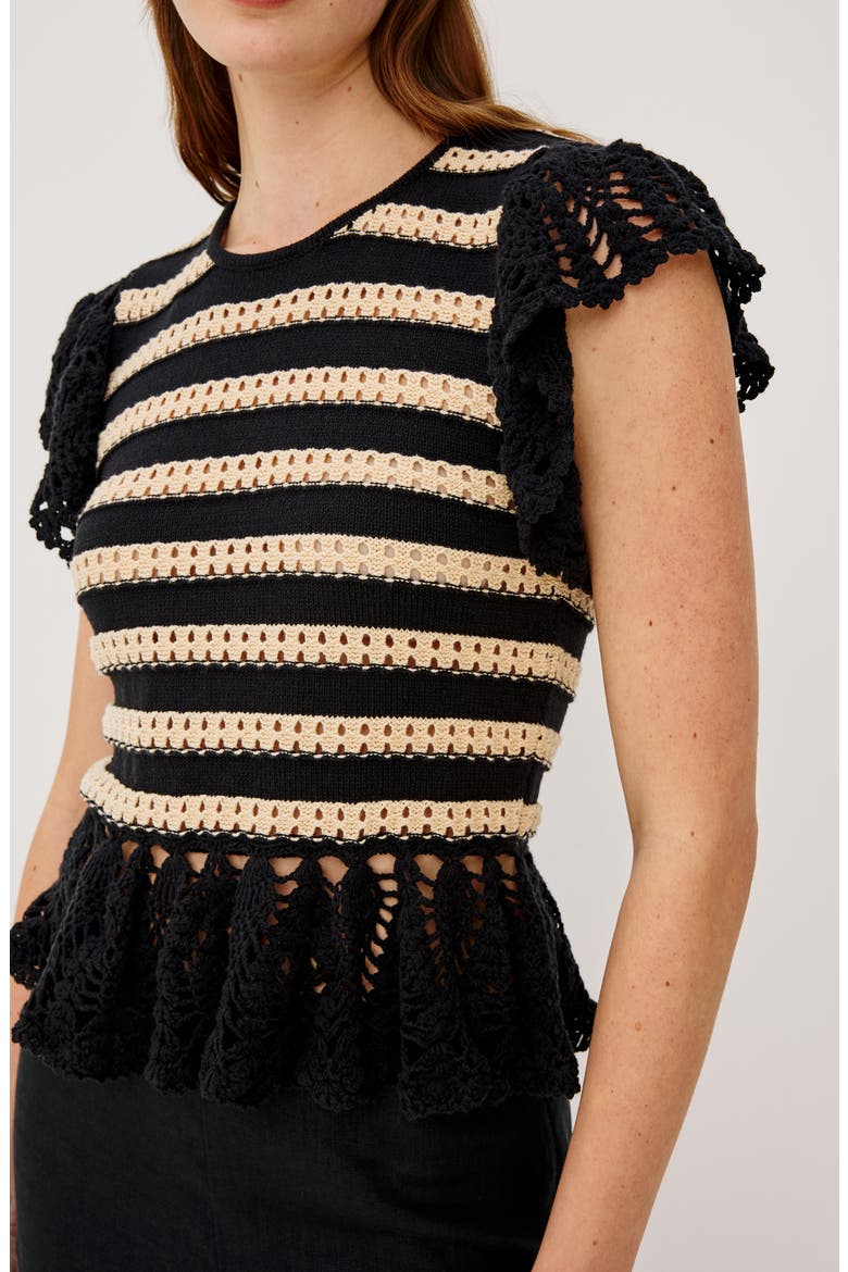 Coen Ruffle Sleeve Peplum Sweater, Alternate, color, BLACK OAT STRIPE