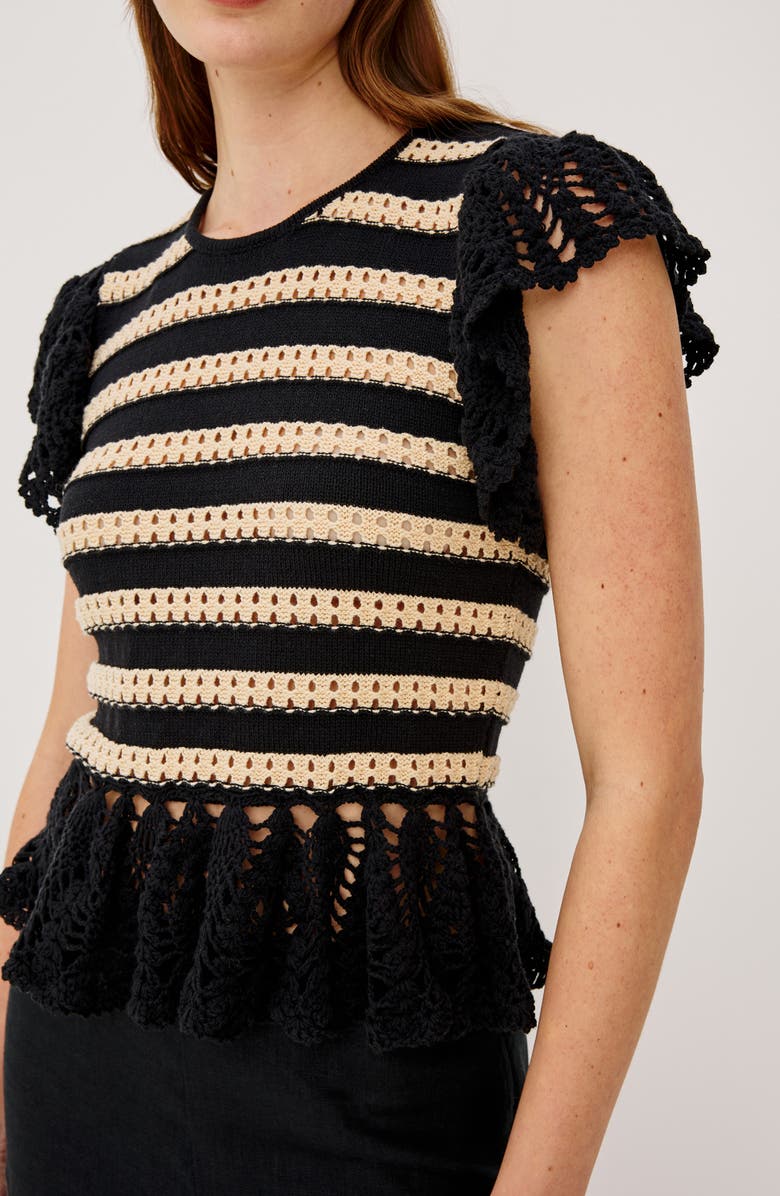 Rails Coen Ruffle Sleeve Peplum Sweater, Alternate, color, Black Oat Stripe