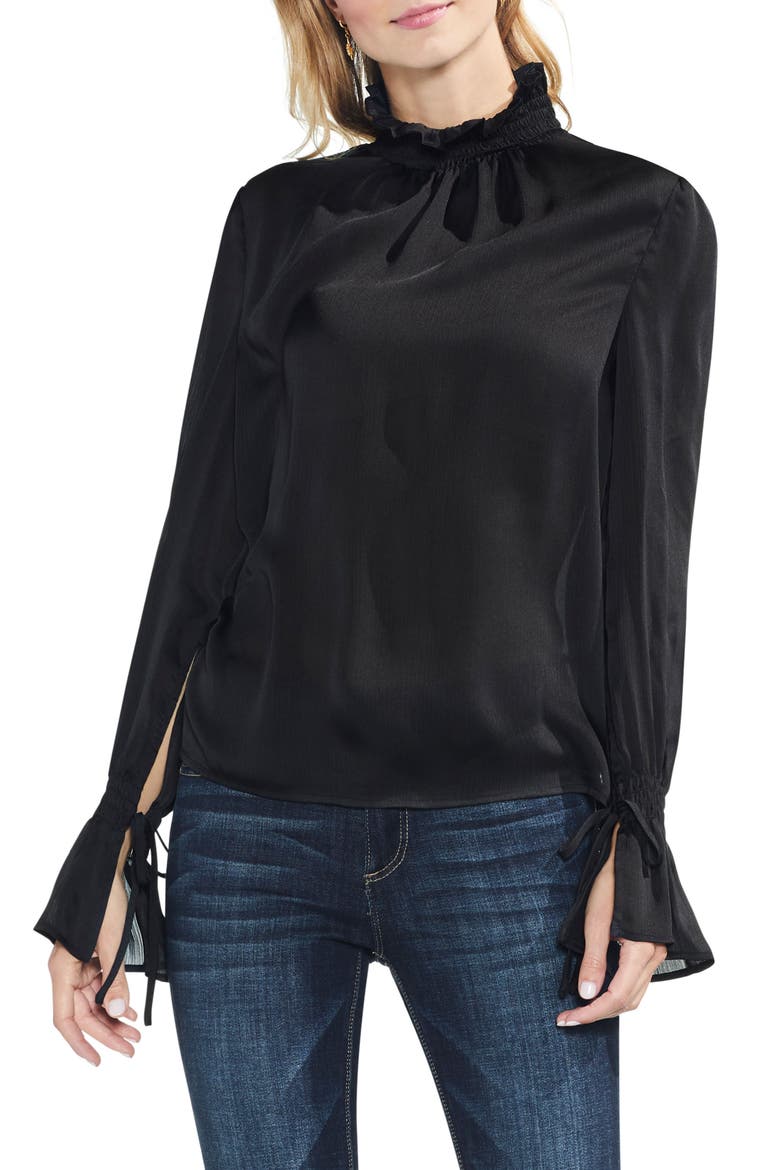 Tie Flare Cuff Blouse, Main, color, RICH BLACK