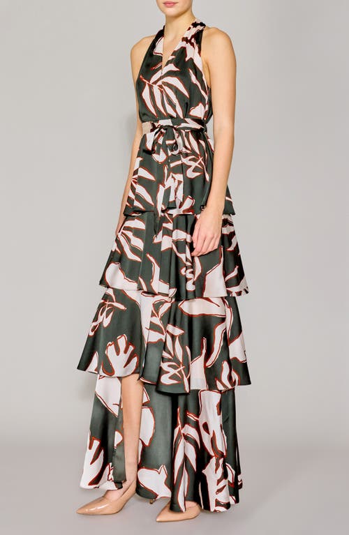 Melloday Printed Tiered Faux Wrap Maxi Cocktail Dress In Green