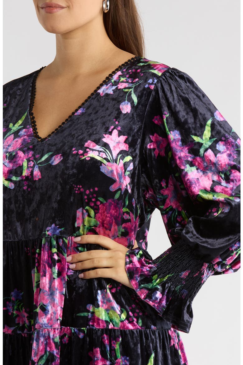 Tulda Amari Floral Long Sleeve Tiered Velvet Dress, Alternate, color, BLACK-MULTI