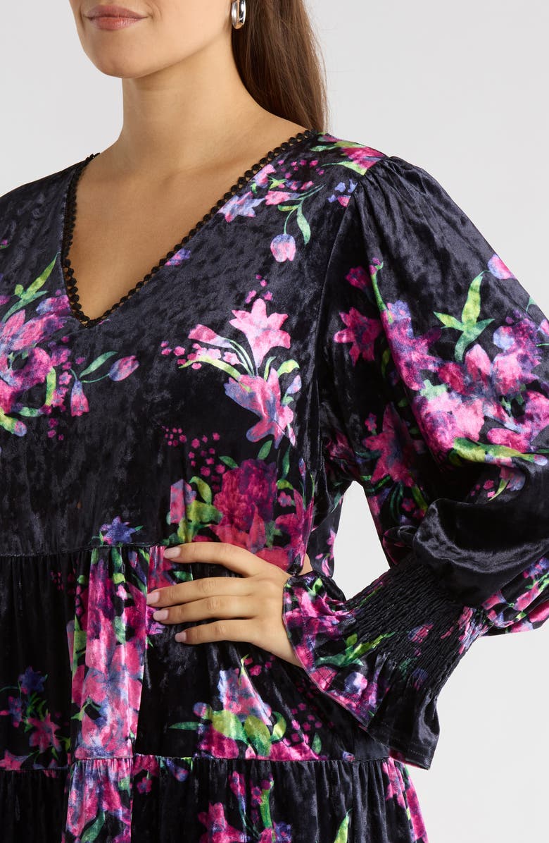 SUGARLIPS Tulda Amari Floral Long Sleeve Tiered Velvet Dress, Alternate, color, Black-Multi