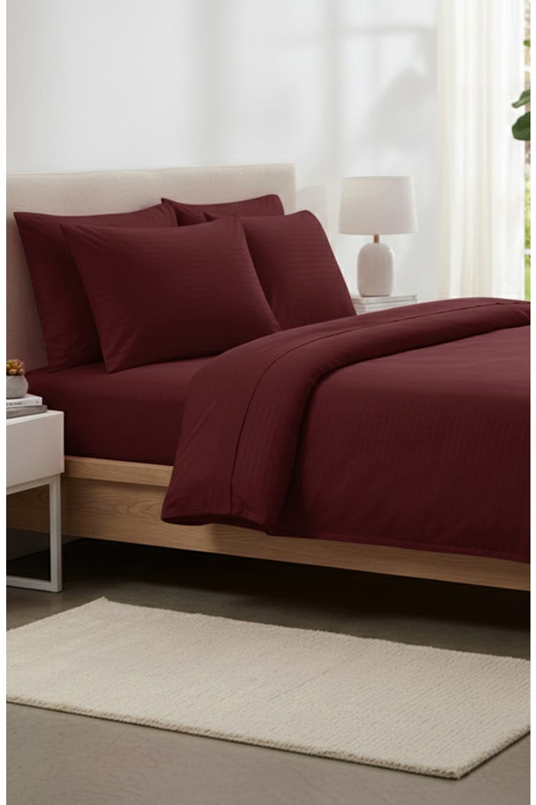 Dobby Stripe Bed Sheet Set, Alternate, color, BURGUNDY