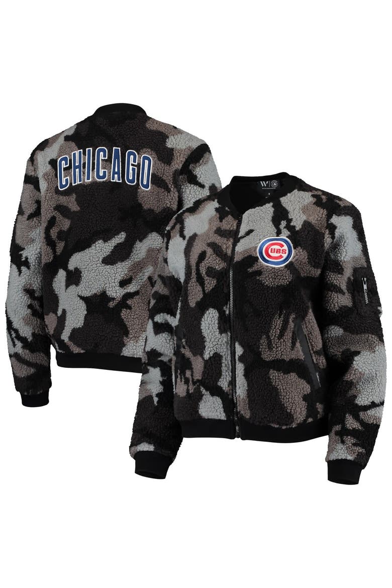 Women's The Wild Collective Black Chicago Cubs Camo Sherpa Full-Zip Bomber Jacket, Main, color, Black
