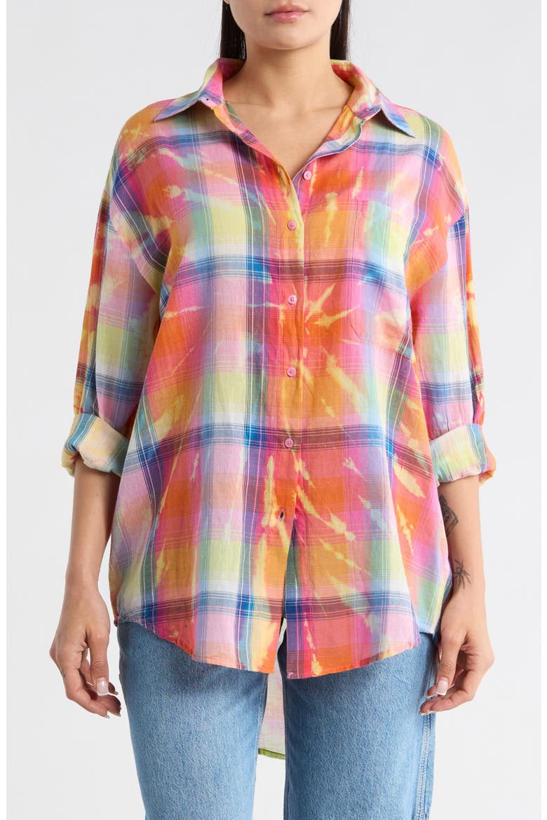 Oversize Plaid Button-Up Shirt, Main, color, ORANGE
