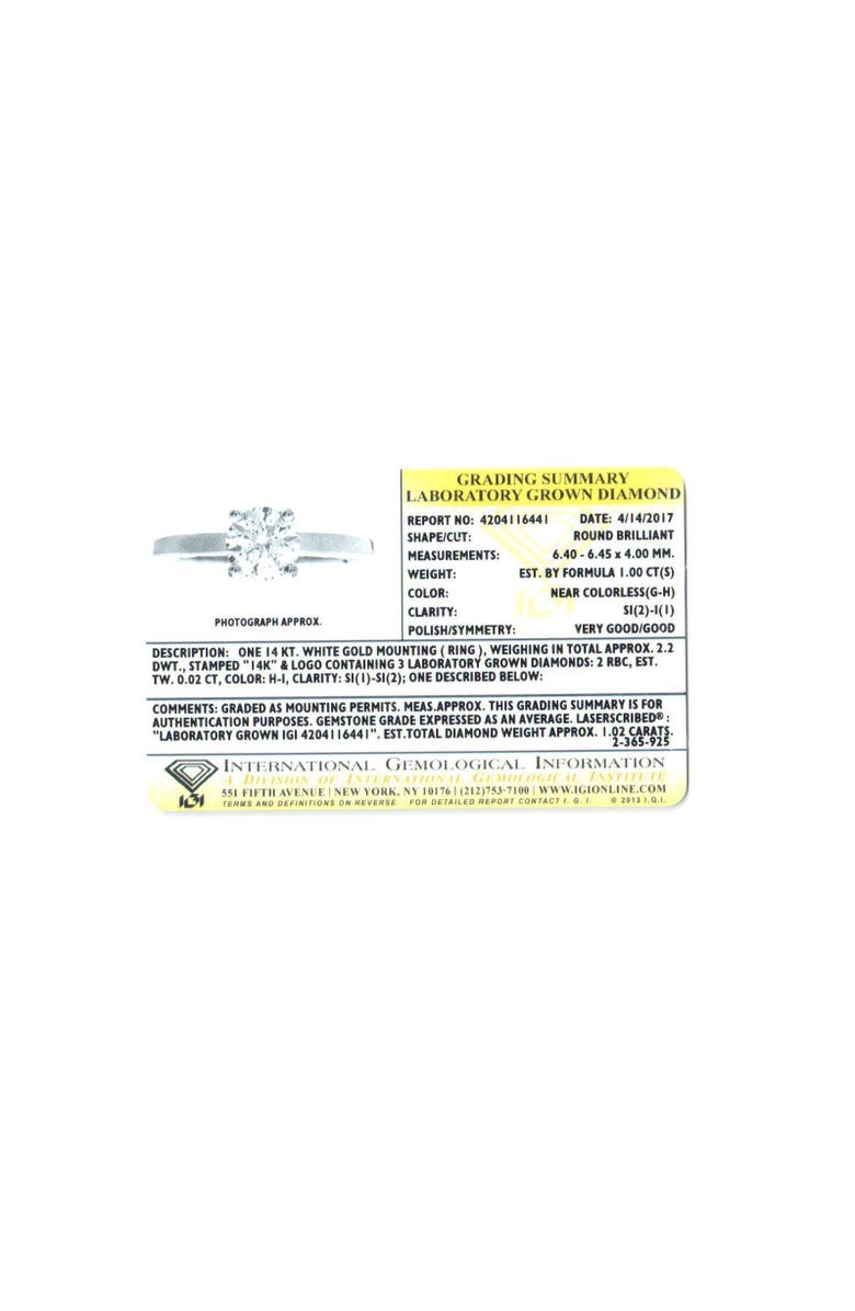 Bliss Diamond (G-H,SI1-I1) 1.02ct Diamond IGI Certified Engagement 14k Ring Lab Created, Alternate, color, 