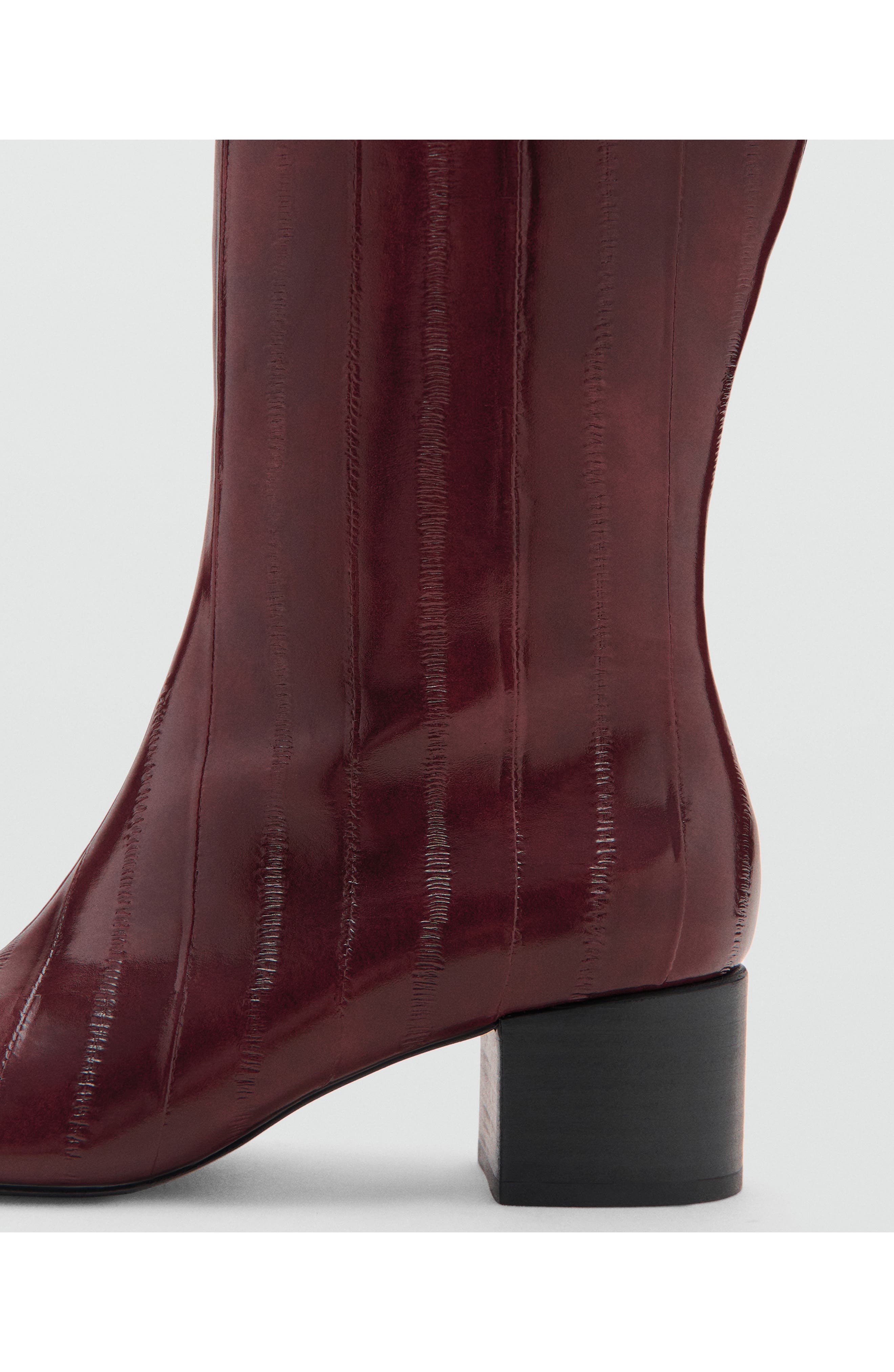 MANGO Embossed Faux Leather Tall Boot, Alternate, color, Burgundy