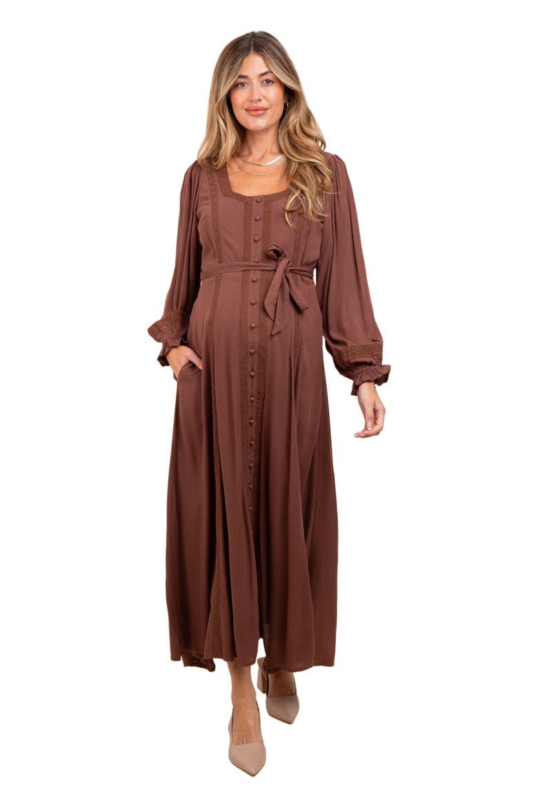 Lace Detail Button Down Maxi Dress, Alternate, color, Brown