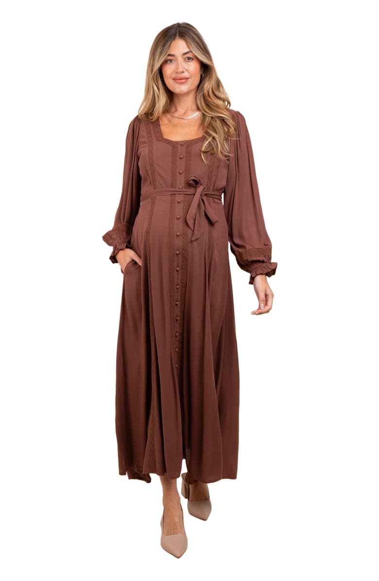 PinkBlush Lace Detail Button Down Maxi Dress, Alternate, color, Brown