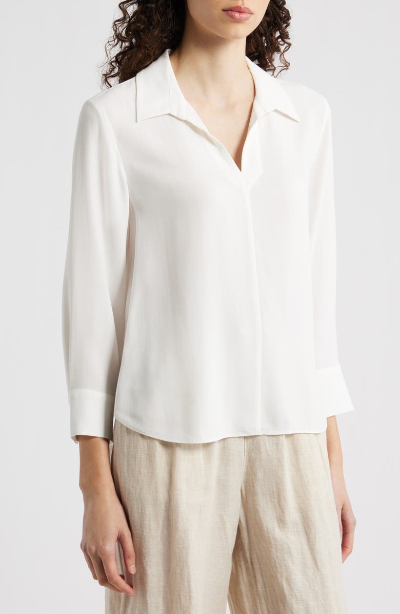 Eileen Fisher Split Neck Silk Georgette Top, Alternate, color, Ivory