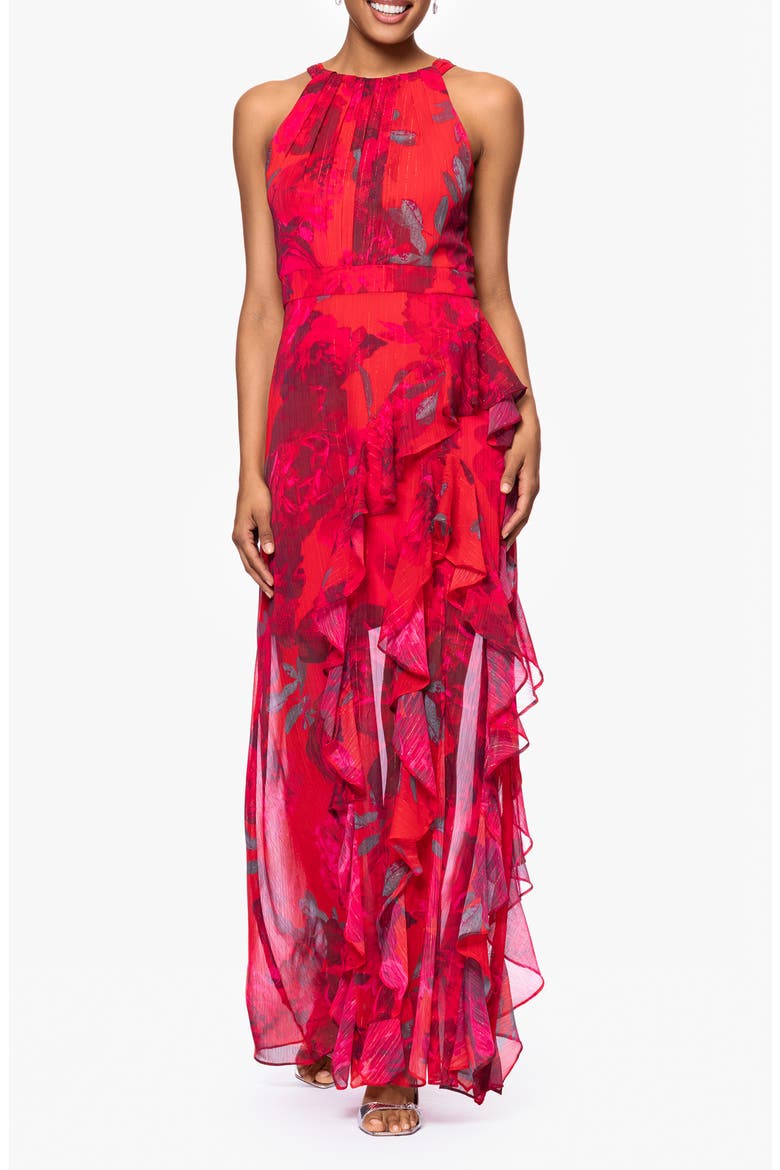 Red Rose & Metallic Stripe Sleeveless Gown, Alternate, color, RED/ MULTI