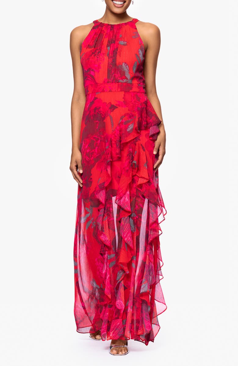 Betsy & Adam Red Rose & Metallic Stripe Sleeveless Gown, Alternate, color,