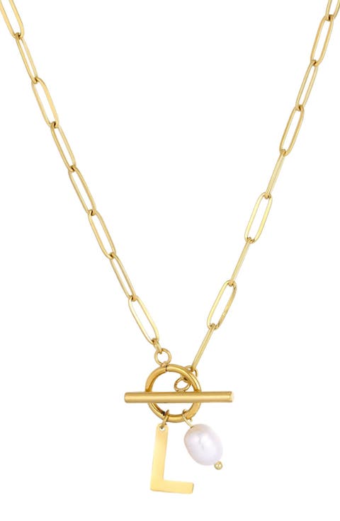 18K Gold Plated Pearl & Initial Toggle Pendant Necklace