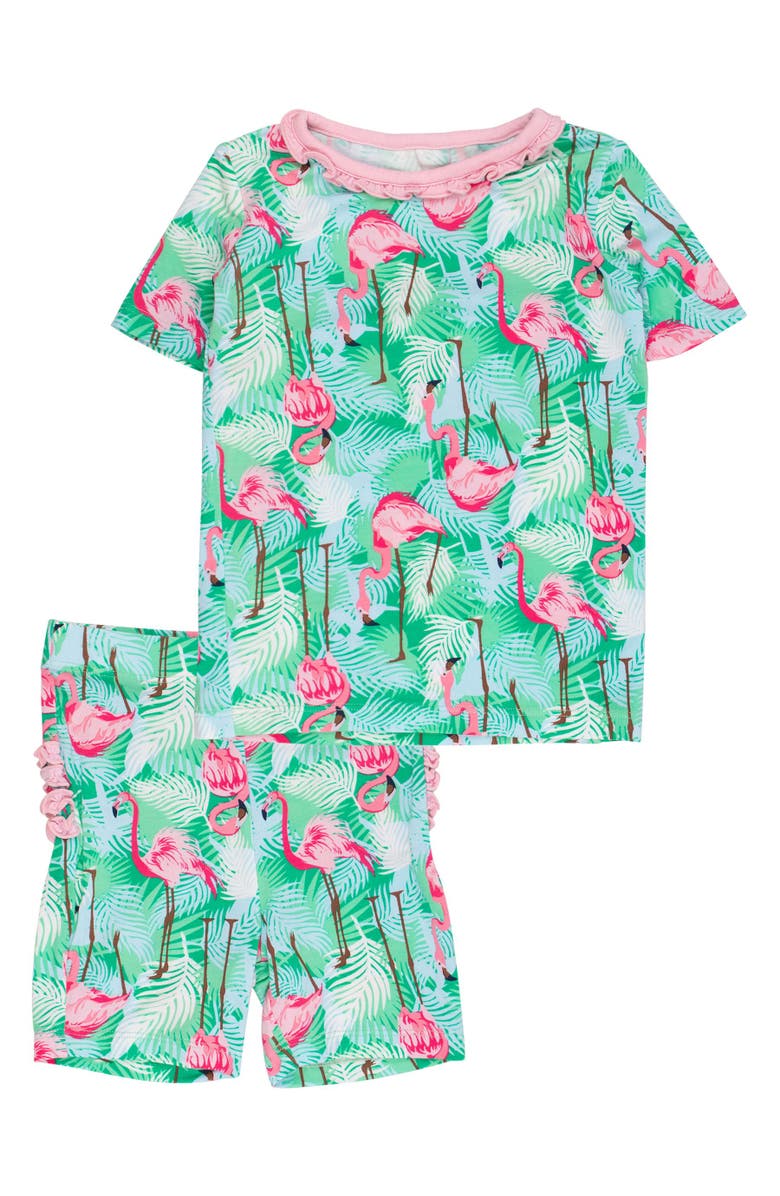 Softsnooze Ruffle Short Sleeve Pajama Set, Main, color, Green Vibrant Flamingo