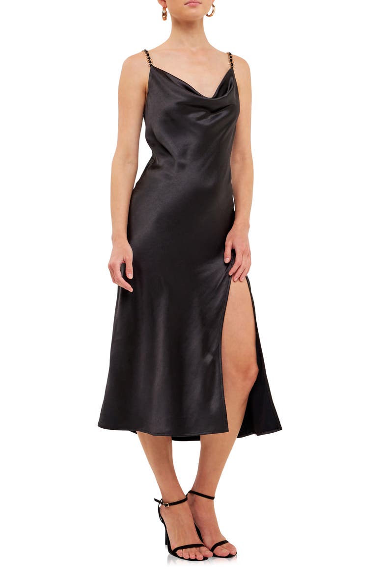 Chain Strap Satin Midi Slipdress, Alternate, color, BLACK