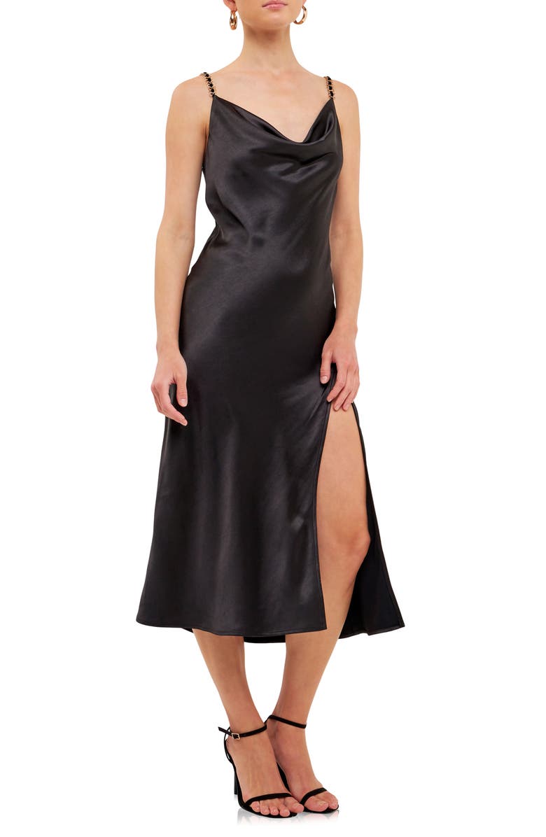 Endless Rose Chain Strap Satin Midi Slipdress, Alternate, color, Black
