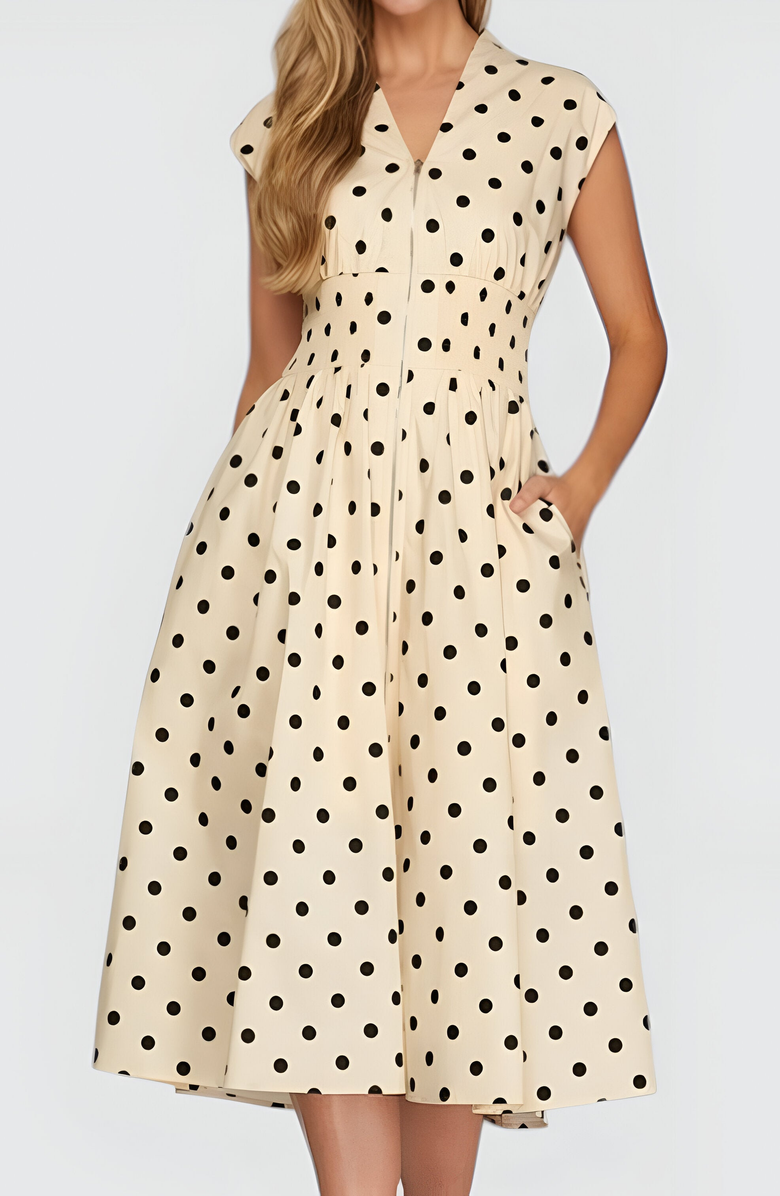 Modenaire Polka Dot Midi Shirt Dress with Cap Sleeves and Button Front, Alternate, color, 