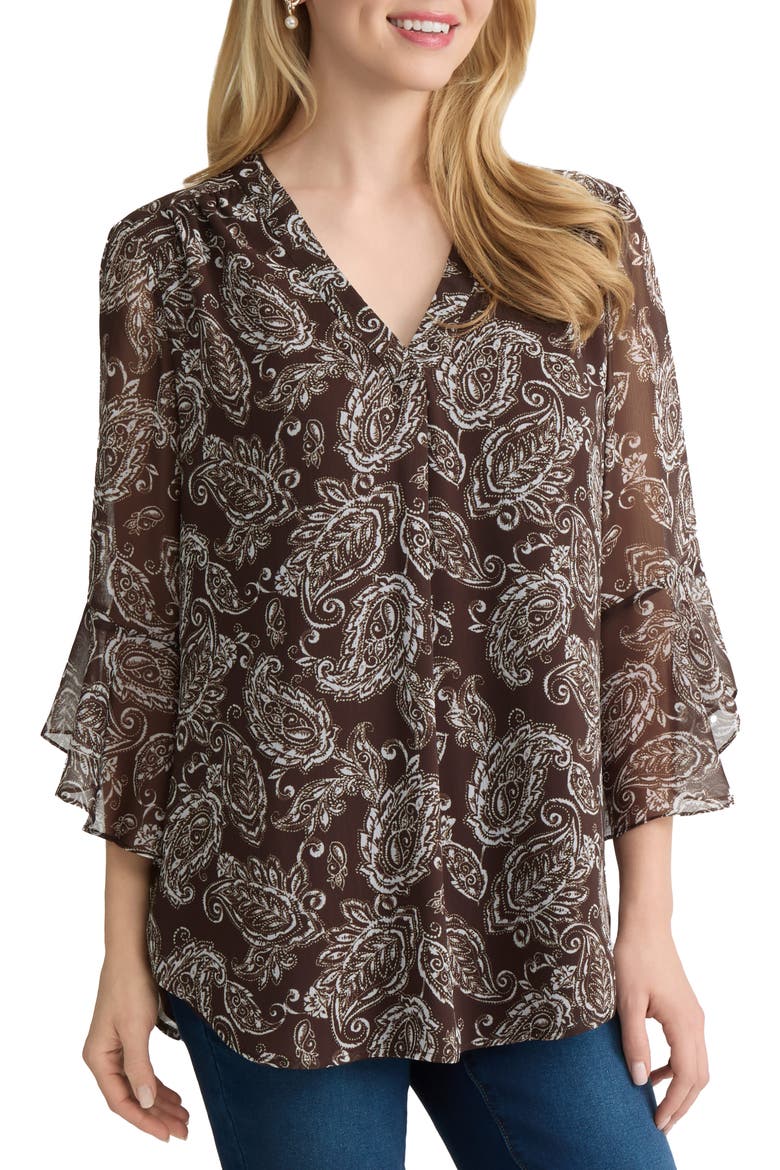 Flutter Sleeve Paisley Top, Main, color, FUDGE/ WHITE SAND MULTI
