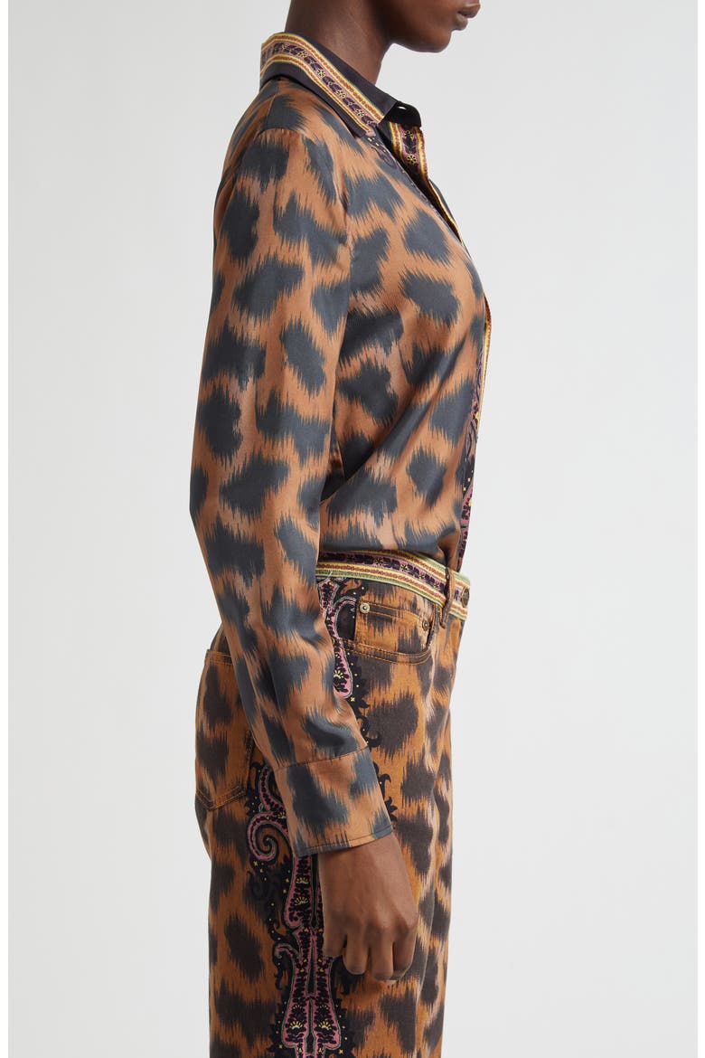 Leopard Silk Twill Button-Up Shirt, Alternate, color, DARK BROWN