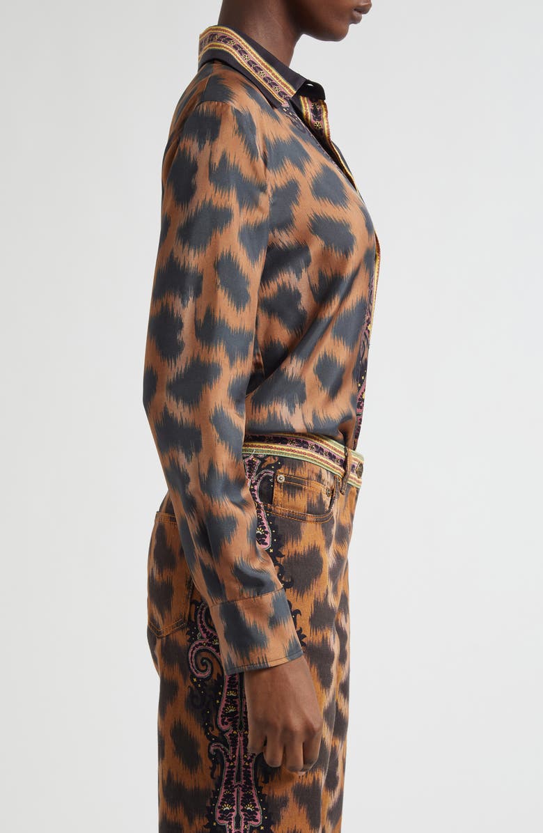 Etro Leopard Silk Twill Button-Up Shirt, Alternate, color, Dark Brown