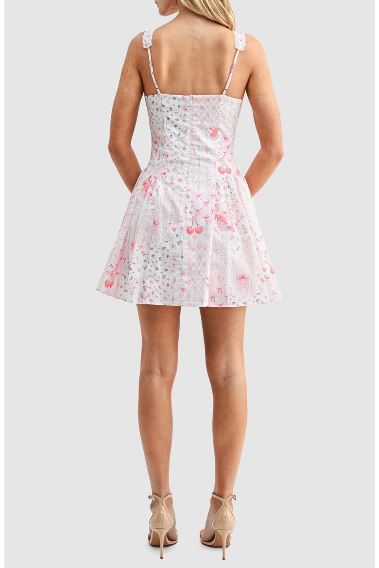 Mixed Print Lace Detail Fit & Flare Cotton Minidress, Alternate, color, PINK BOWS