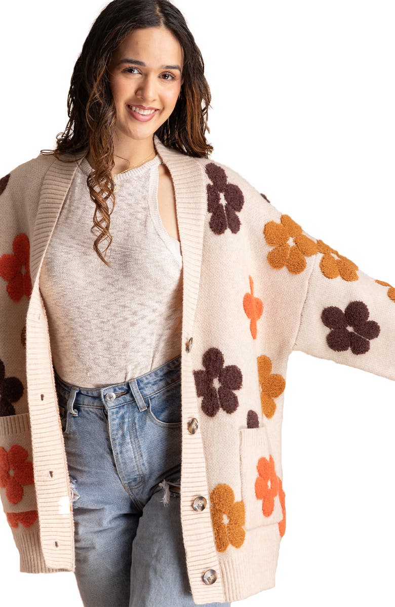 SAACHI Floral Print Button Front Cardigan, Alternate, color, Beige