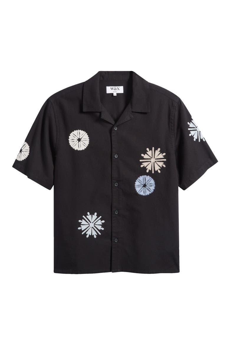 Didicot Medallion Appliqué Cotton & Linen Camp Shirt, Main, color, BLACK / MULTI