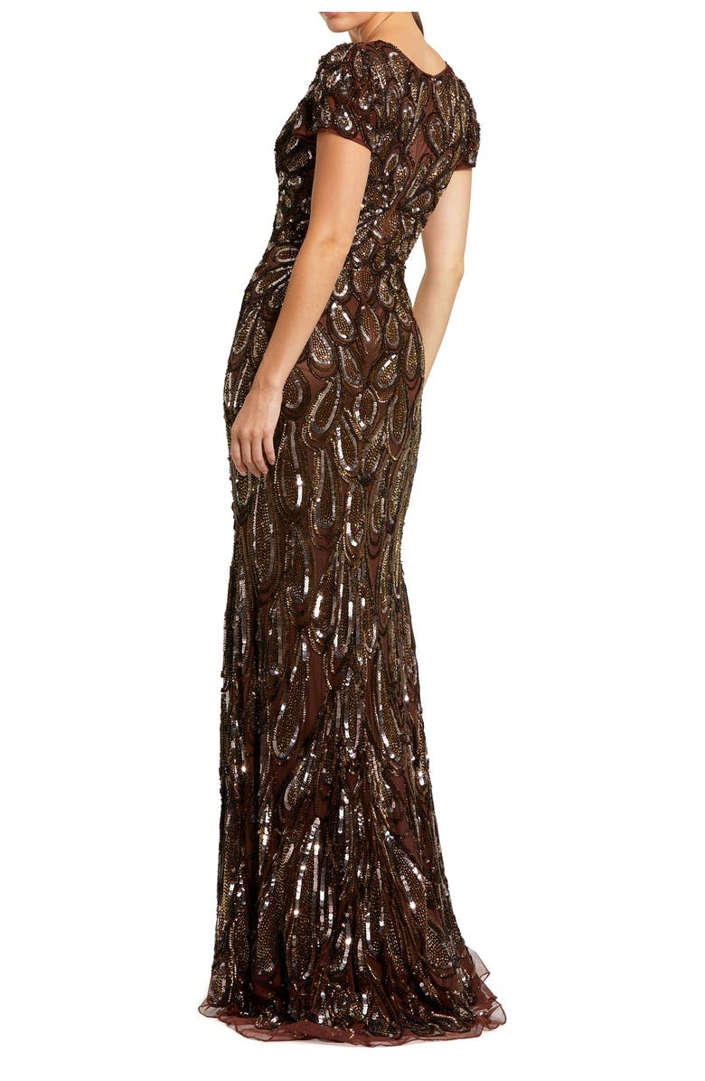 Mac Duggal Beaded Embellished V Neck Cap Sleeve Column Gown, Alternate, color, Chocolate