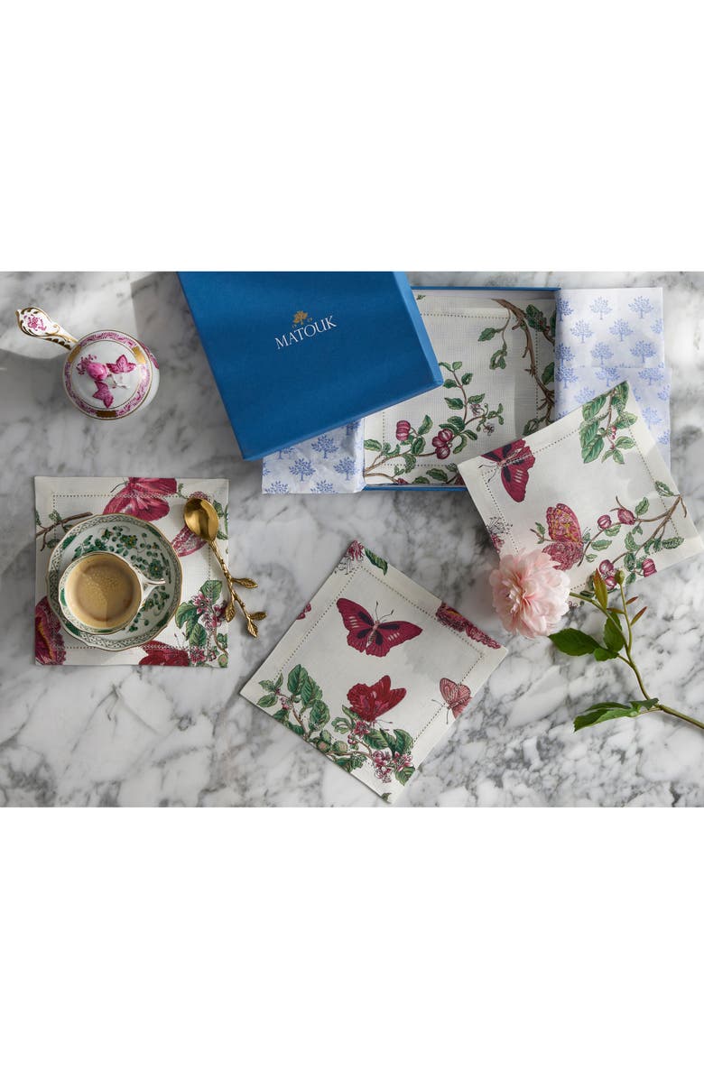 Matouk Baudin Butterfly Set of 4 Linen Cocktail Napkins, Alternate, color, Ruby