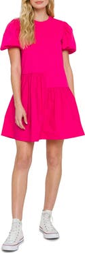 English Factory Puff Shoulder Mixed Media Minidress