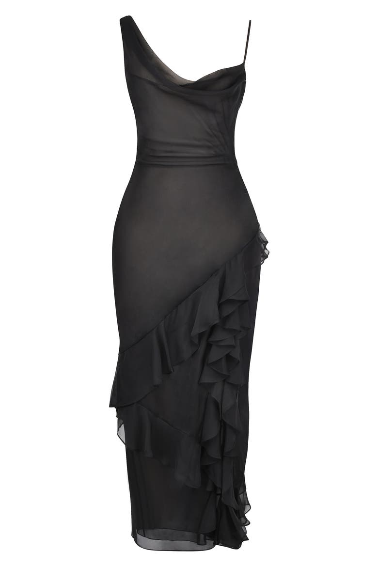 Malila Ruffle Cowl Neck Chiffon Cocktail Dress, Alternate, color, BLACK