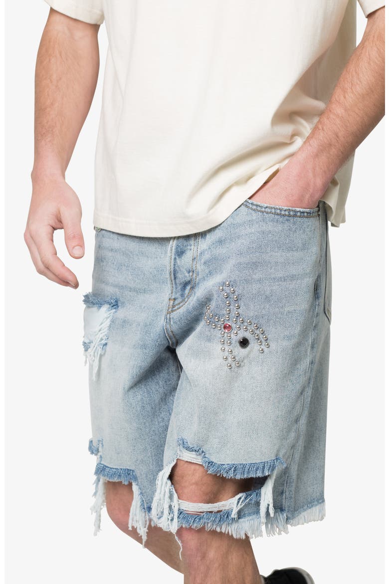 Distressed Spider Denim Shorts, Alternate, color, LIGHT BLUE