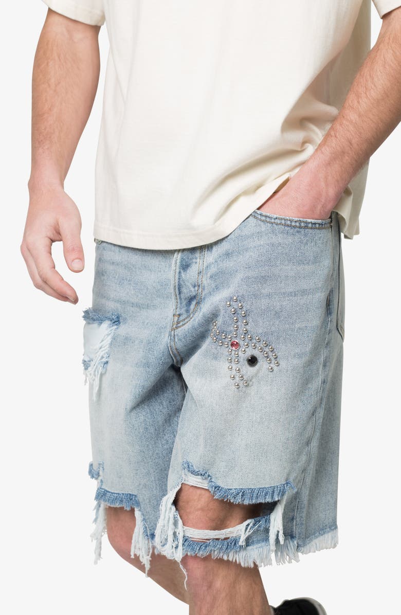 mnml Distressed Spider Denim Shorts, Alternate, color, Light Blue