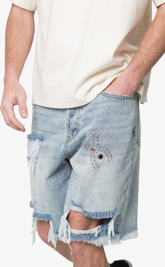Distressed Spider Denim Shorts