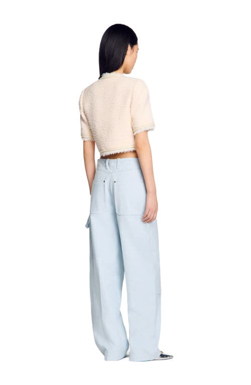 Sandro Short-sleeved Tweed Jacket In Ecru/pink