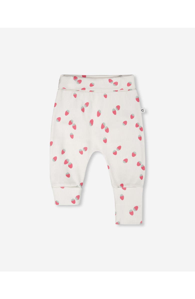 Deux par Deux Cotton Jersey Evolutive Strawberries Printed Pants, Main, color, White Printed Strawberries