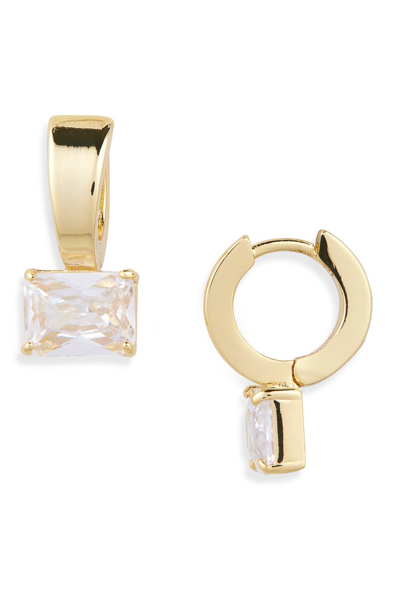 Cubic Zirconia Drop Huggie Earrings, Main, color, 14K GOLD PLATED