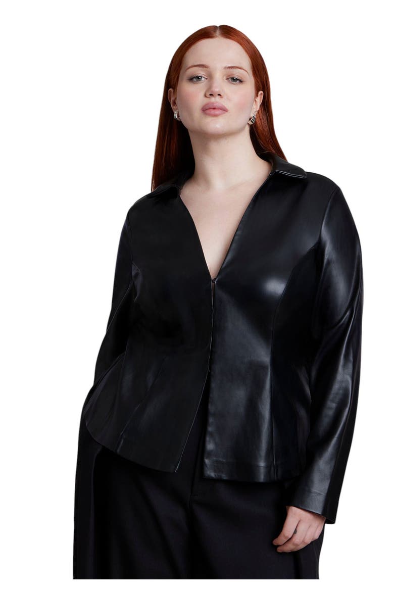 Fitted Faux Leather Collared Top (plus), Main, color, BLACK ONYX