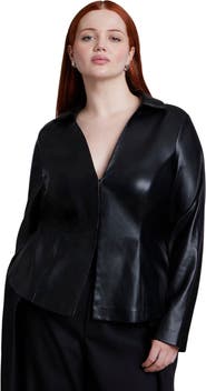ELOQUII Fitted Faux Leather Collared Top