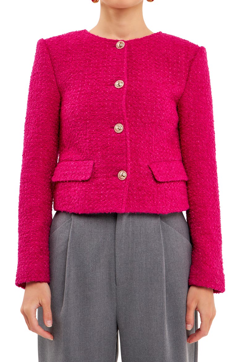 Round Neck Bouclé Crop Jacket, Alternate, color, BERRY