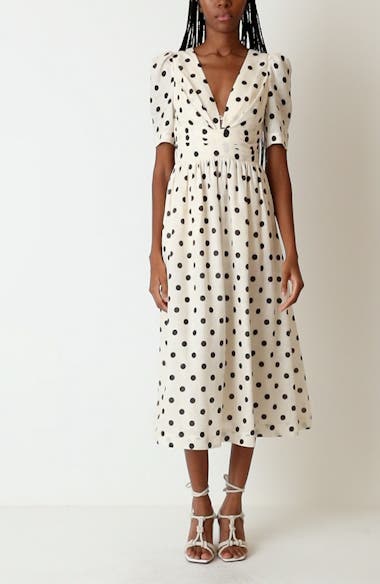 Zimmermann Polka Dot Pleated Linen Midi Dress | Nordstrom