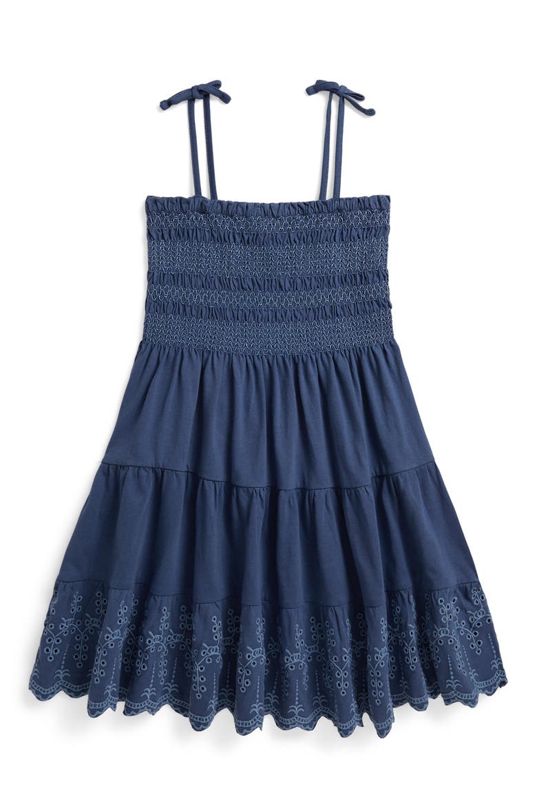 Kids' Smock Bodice Cotton Eyelet Sundress, Main, color, EARTH BLUE