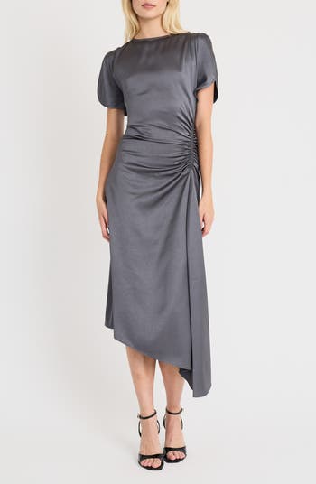 navy blue dress for baby girl Asymmetrical Midi Bridesmaid Dress with Short Sleeve and Ruffled V-Neck