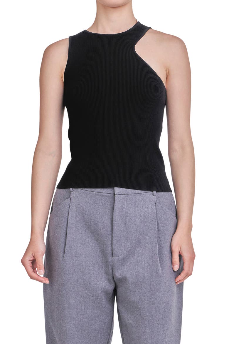 Asymmetric Cutout Rib Knit Tank Top, Alternate, color, BLACK