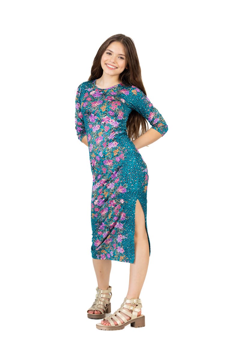 24sevenKid Teal Animal Print Side Slit Maxi Dress, Alternate, color, Green Multi