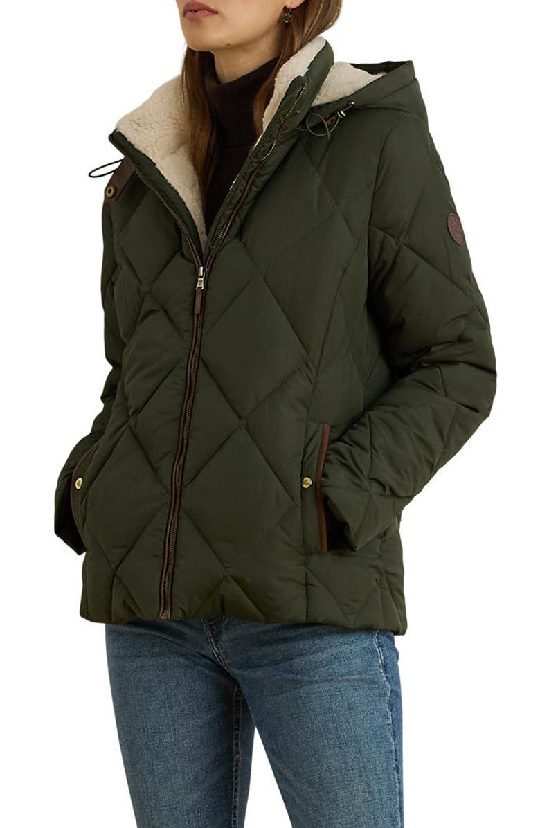 Lauren Ralph Lauren Diamond Puffer Coat with Faux Shearling Lining, Alternate, color, Litchfield Loden