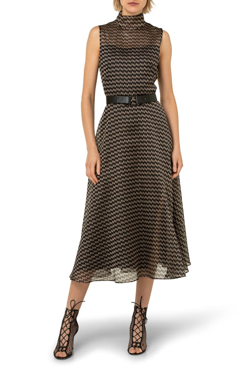 Belted Silk Blend Organza Midi Dress, Main, color, BLACK-CARDBOARD