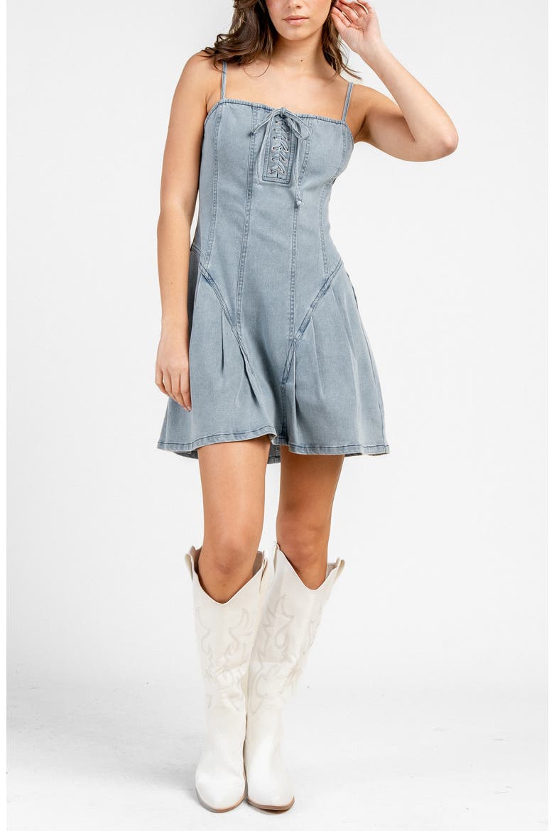 Pleated Tie Front Denim Dress, Alternate, color, LT BLUE