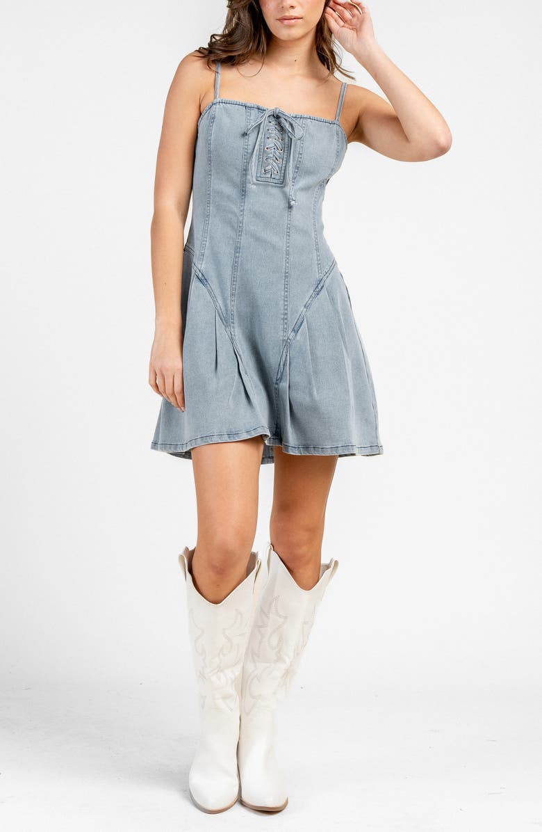 Beivy Pleated Tie Front Denim Dress, Alternate, color, Lt Blue